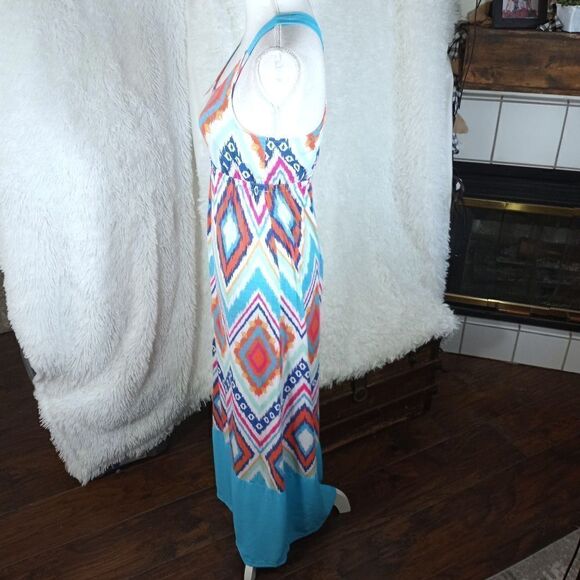JUST ME TURQUOISE PINK, ORANGE, WHITE, & BLUE MAXI DRESS SZ.S EUC - Picture 5 of 9
